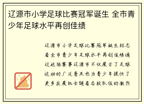 辽源市小学足球比赛冠军诞生 全市青少年足球水平再创佳绩