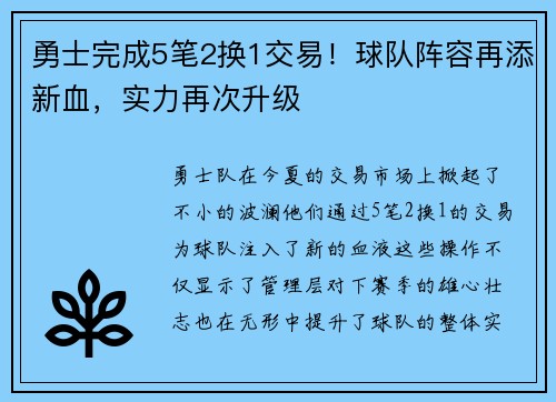 勇士完成5笔2换1交易！球队阵容再添新血，实力再次升级