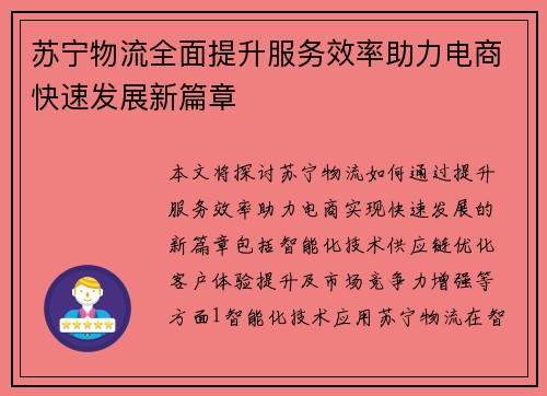 苏宁物流全面提升服务效率助力电商快速发展新篇章