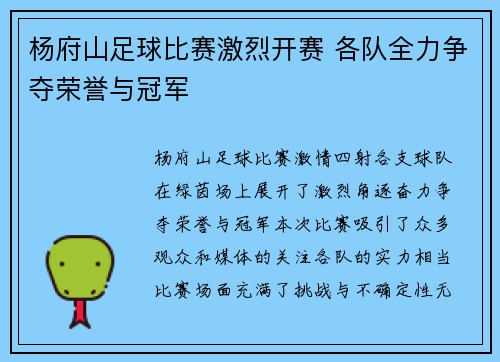 杨府山足球比赛激烈开赛 各队全力争夺荣誉与冠军