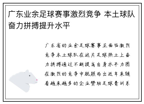 广东业余足球赛事激烈竞争 本土球队奋力拼搏提升水平