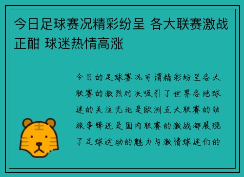 今日足球赛况精彩纷呈 各大联赛激战正酣 球迷热情高涨
