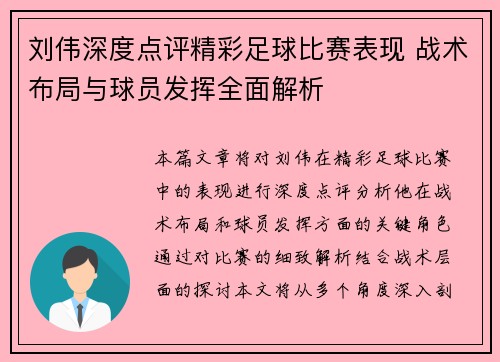 刘伟深度点评精彩足球比赛表现 战术布局与球员发挥全面解析