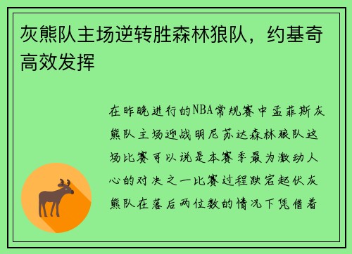 灰熊队主场逆转胜森林狼队，约基奇高效发挥