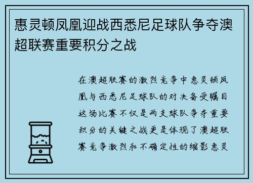 惠灵顿凤凰迎战西悉尼足球队争夺澳超联赛重要积分之战
