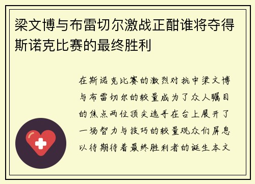 梁文博与布雷切尔激战正酣谁将夺得斯诺克比赛的最终胜利