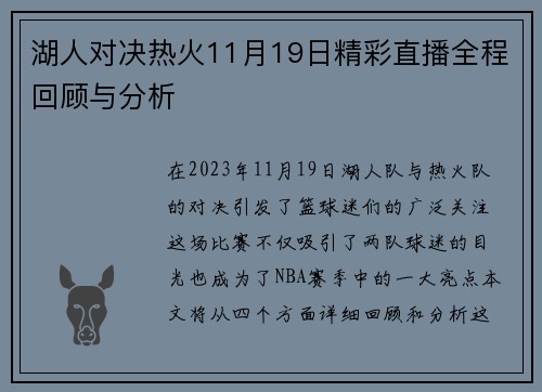 湖人对决热火11月19日精彩直播全程回顾与分析