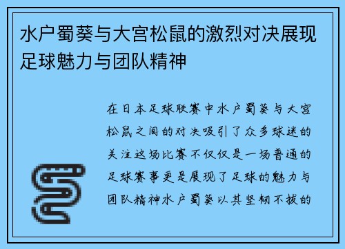 水户蜀葵与大宫松鼠的激烈对决展现足球魅力与团队精神