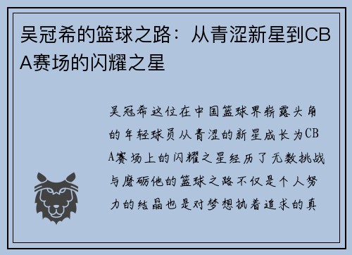 吴冠希的篮球之路：从青涩新星到CBA赛场的闪耀之星