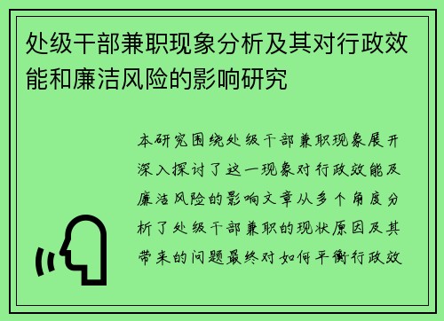 处级干部兼职现象分析及其对行政效能和廉洁风险的影响研究
