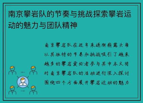 南京攀岩队的节奏与挑战探索攀岩运动的魅力与团队精神